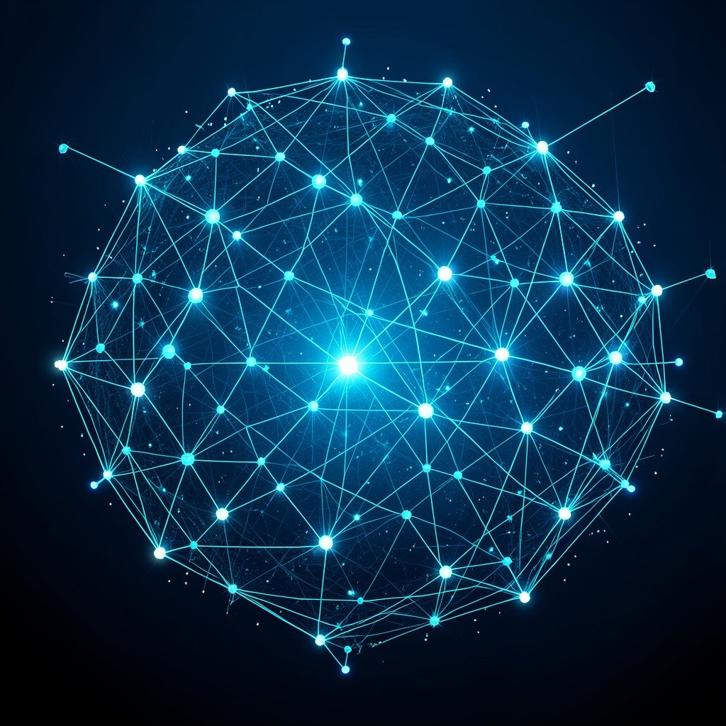 Abstract concept of expanding cybersecurity ecosystem, interconnected nodes and data points forming a secure digital network, deep blue and teal color scheme, modern digital art, 4:3