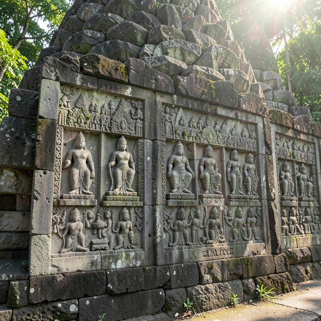 Ancient stone relief panels at Borobudur Temple, detailed Buddhist carvings, weathered grey stone texture, tropical sunlight filtering through, no text, aspect ratio 4:3