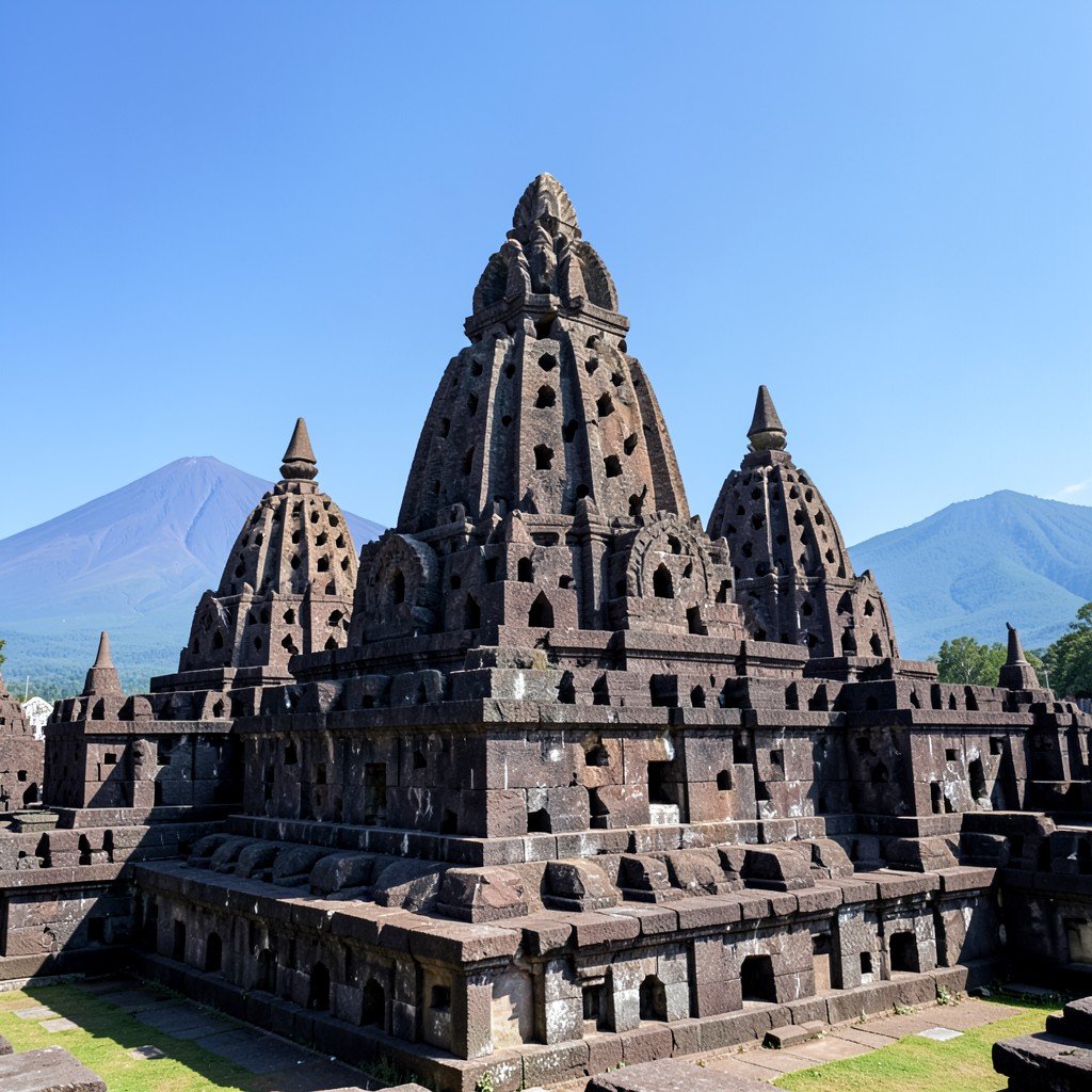Upper circular terraces of Borobudur Temple, bell shaped stupas with holes, clear blue sky, volcano silhouette in the distance, no text, aspect ratio 1:1