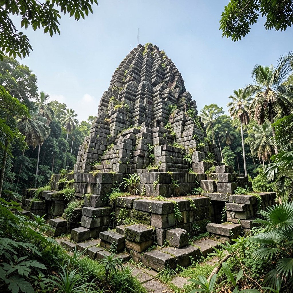 Borobudur Temple restoration concept, ancient stone blocks reassembled, tropical jungle reclaiming history, UNESCO restoration site, no text, aspect ratio 4:3