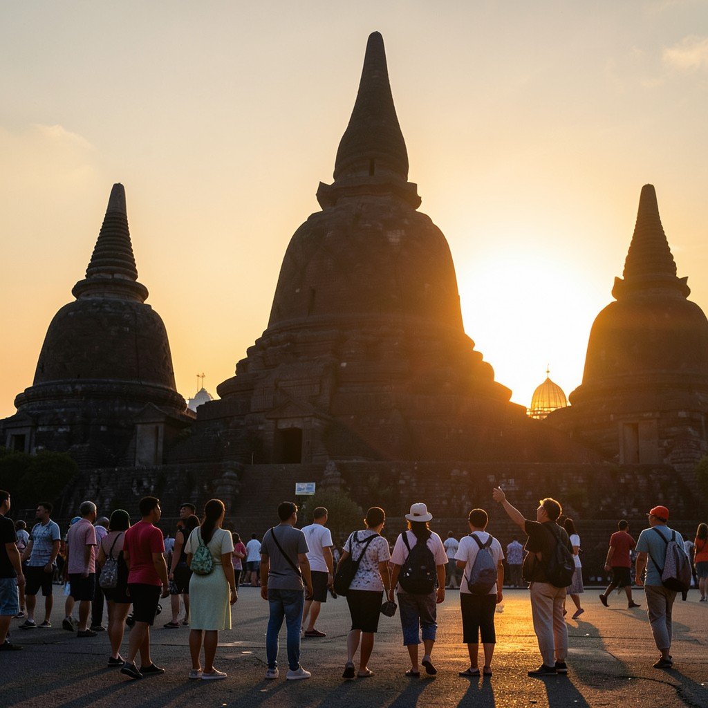 Tourists waiting for sunrise at Borobudur Temple, warm golden morning light, peaceful atmosphere, majestic stupas silhouette, no text, aspect ratio 1:1