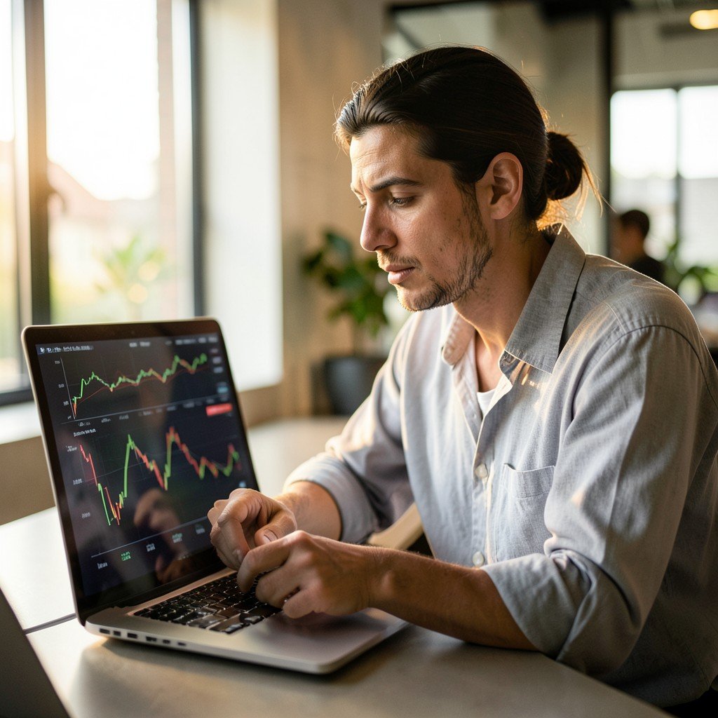 An investor analyzing market data on a laptop screen in a modern office, focused expression, warm natural lighting, blurred background, photorealistic, aspect ratio 1:1
