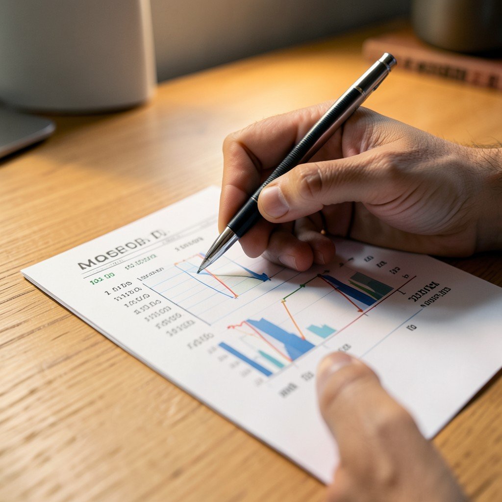 Hands calculating stock profits on a financial document with a pen, modern desk setup, warm lighting, realistic textures, photorealistic, aspect ratio 1:1