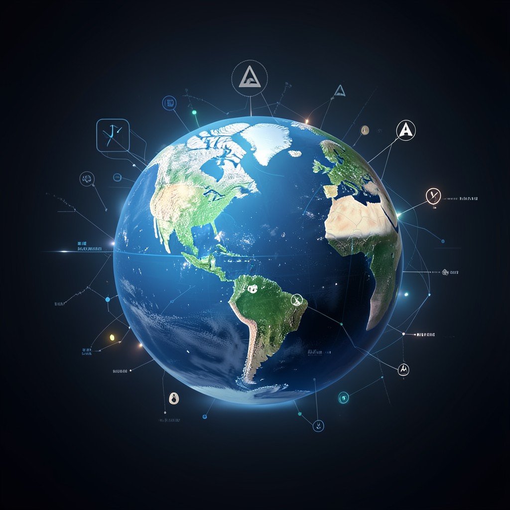 Abstract concept of geopolitical risk affecting global markets, a globe with subtle warning indicators, modern digital style, dark gradient background, photorealistic, aspect ratio 1:1