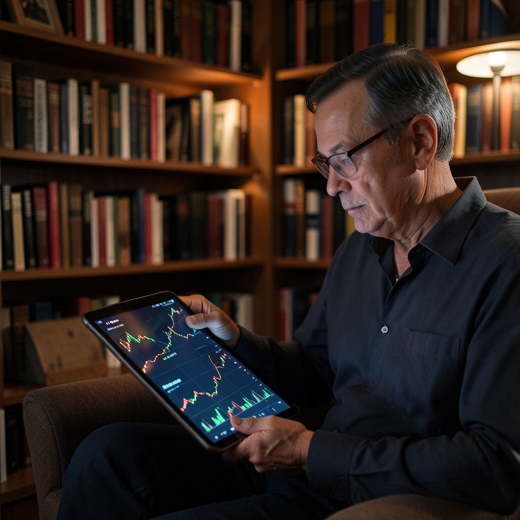 A calm investor reviewing a stock portfolio on a tablet, sitting in a cozy study room with bookshelves, soft evening lighting, photorealistic, aspect ratio 1:1