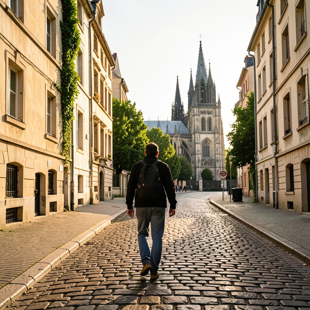 A lifestyle photography shot of a traveler walking on a cobblestone street in Reims France with the gothic cathedral spires visible in the distance warm afternoon lighting natural setting no text aspect ratio 1:1