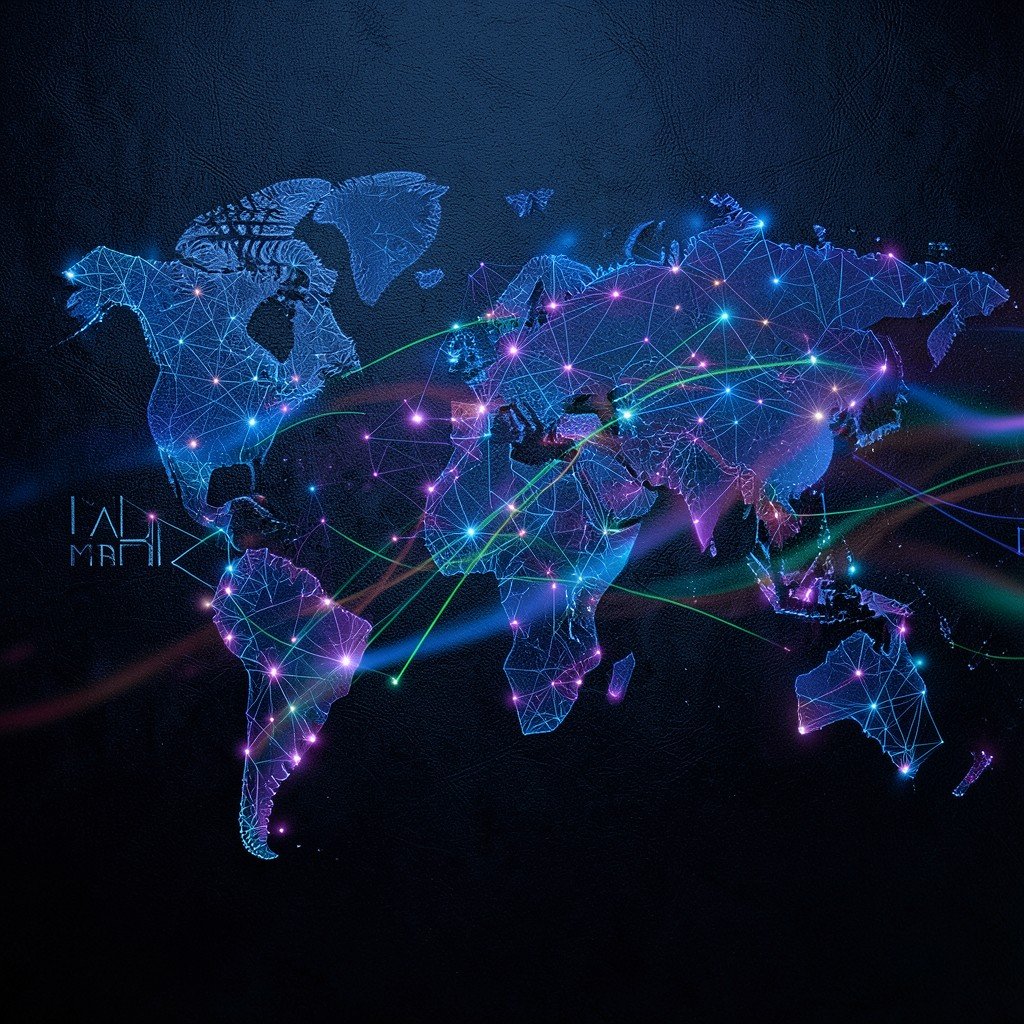 Abstract representation of global AI market competition using glowing interconnected network nodes and data streams on a dark textured background with deep blue and purple hues 1:1