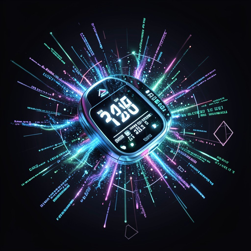 A futuristic digital timer counting rapidly surrounded by flowing digital data particles and glowing geometric code elements on a sleek dark background 1:1