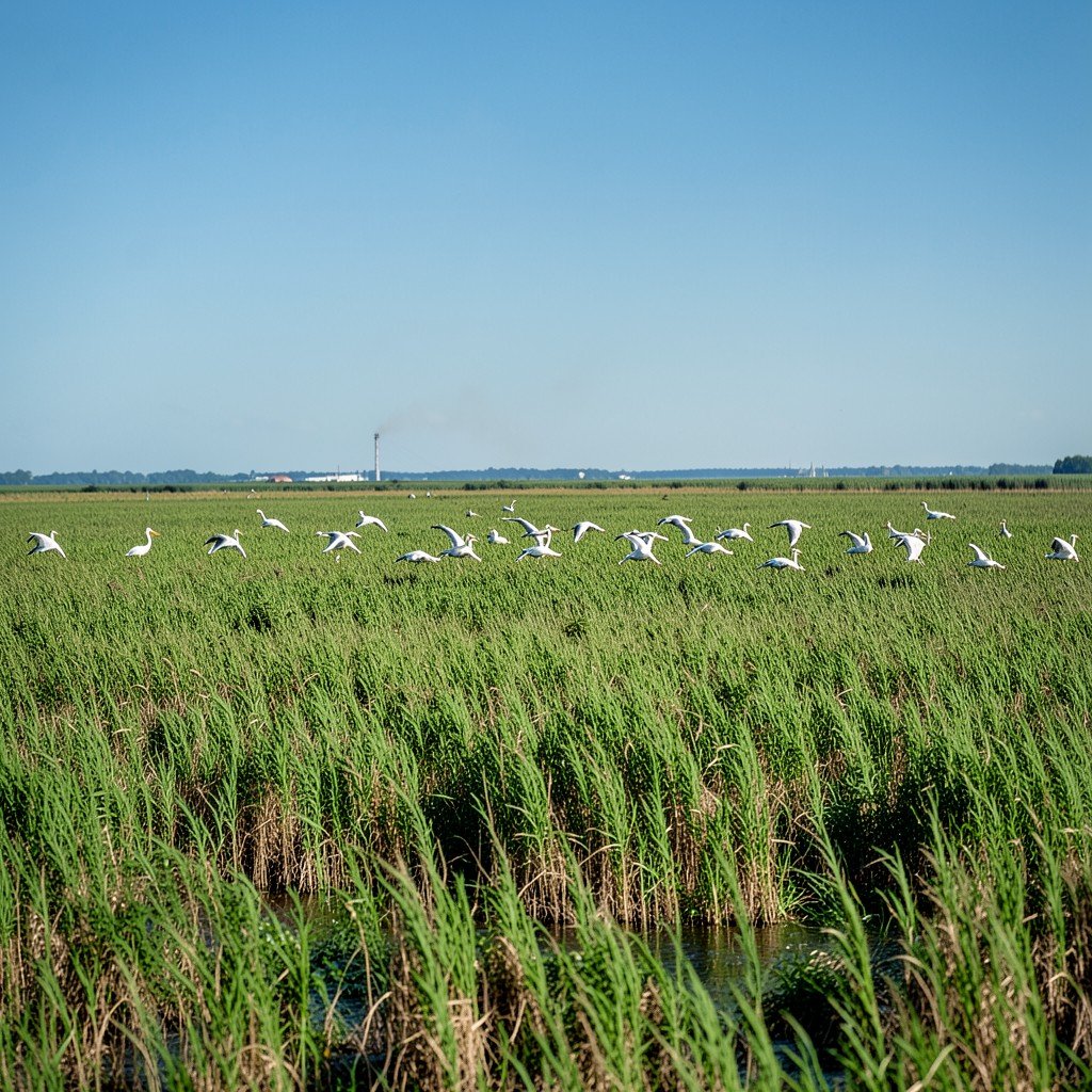 A flock of white pelicans flying over the vast green reed beds of the Danube Delta, Romania, clear blue sky, wildlife photography, natural setting, no text, aspect ratio 4:3