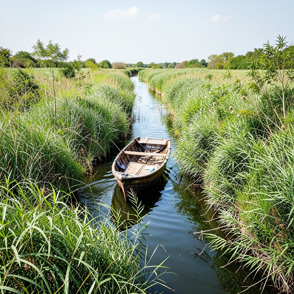 Small wooden boat navigating through narrow water channels in the Danube Delta, surrounded by tall green reeds, calm water, bright daylight, natural setting, no text, aspect ratio 4:3