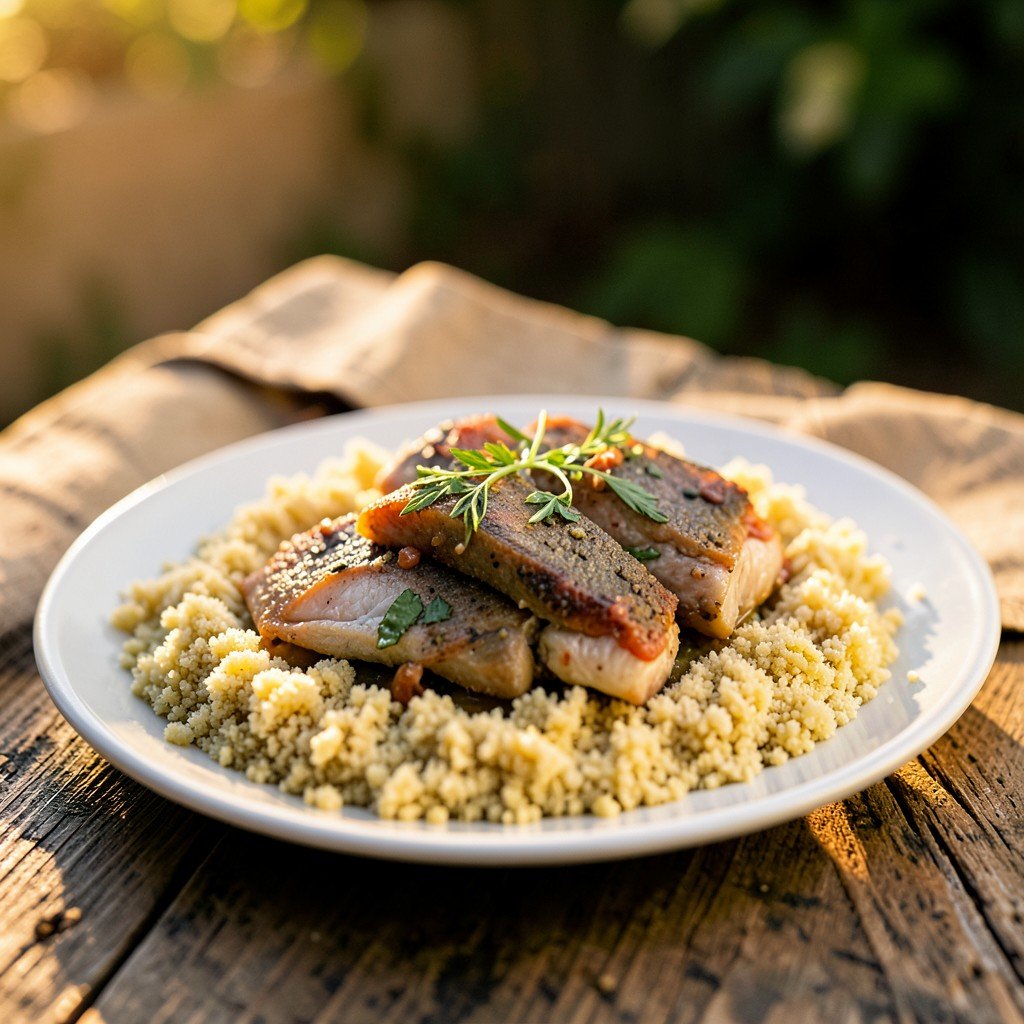 Traditional Romanian fish dish served with cornmeal polenta on a rustic wooden table, warm lighting, lifestyle photography, natural setting, no text, aspect ratio 4:3