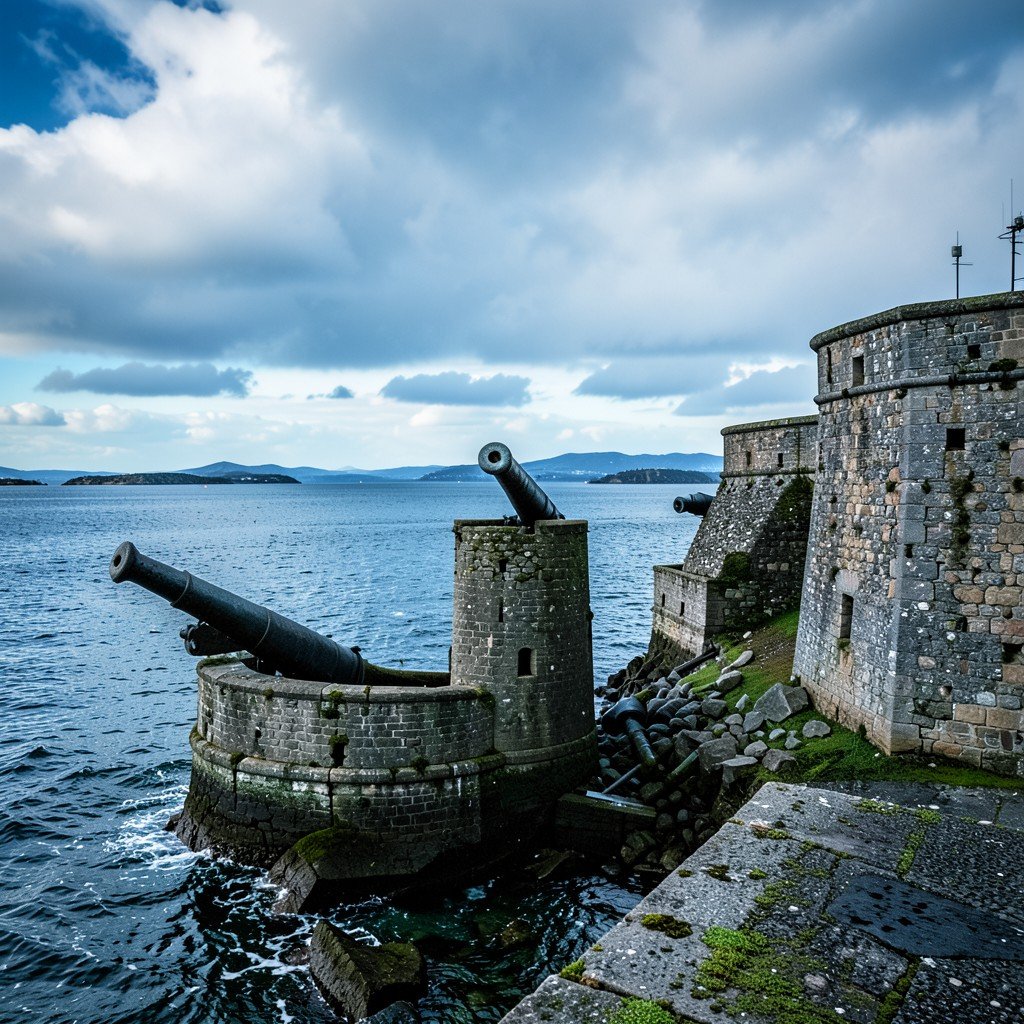 Old stone walls and cannons of Suomenlinna fortress facing the sea, Baltic Sea in the background, cloudy northern sky, moody atmosphere, no text, highly detailed, aspect ratio 4:3