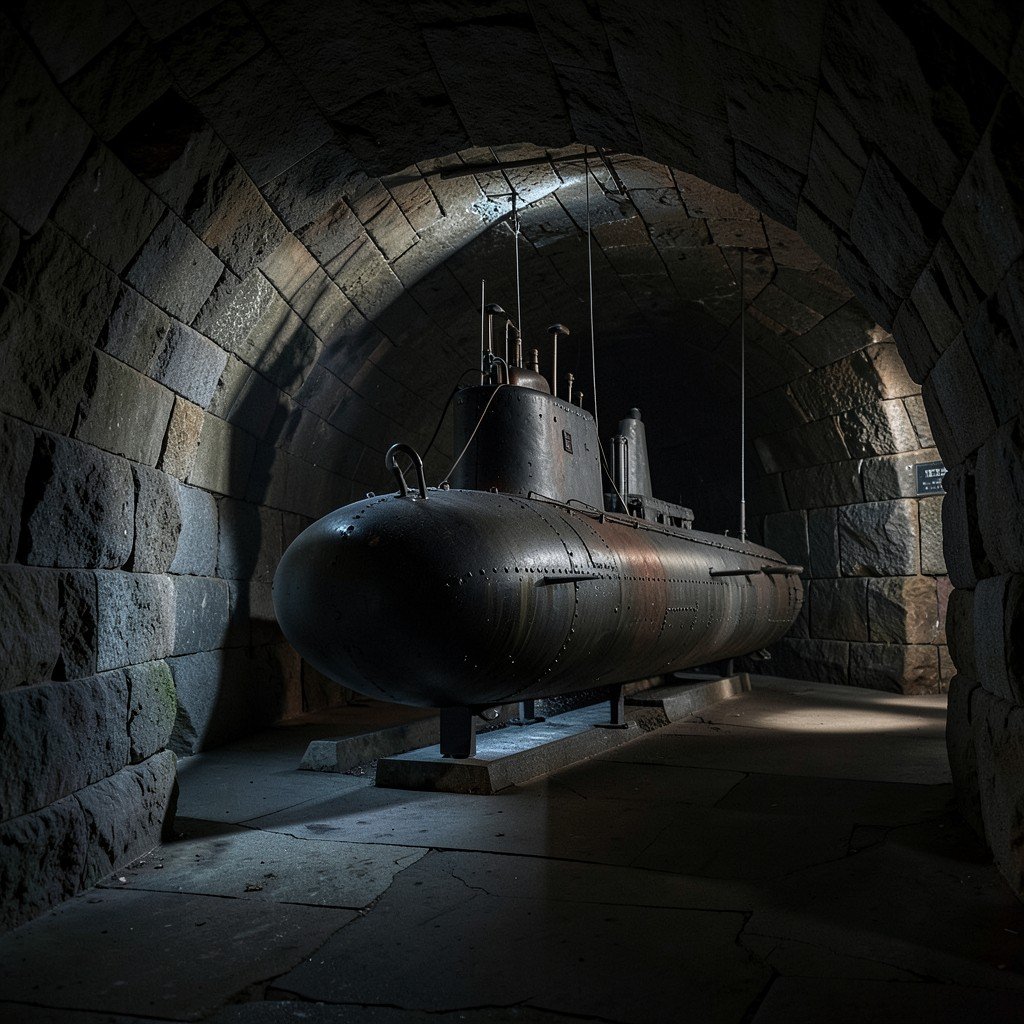 Vintage 1930s submarine displayed inside a stone vault tunnel, Suomenlinna museum exhibit, dramatic lighting, dimly lit, no text, highly detailed, aspect ratio 4:3