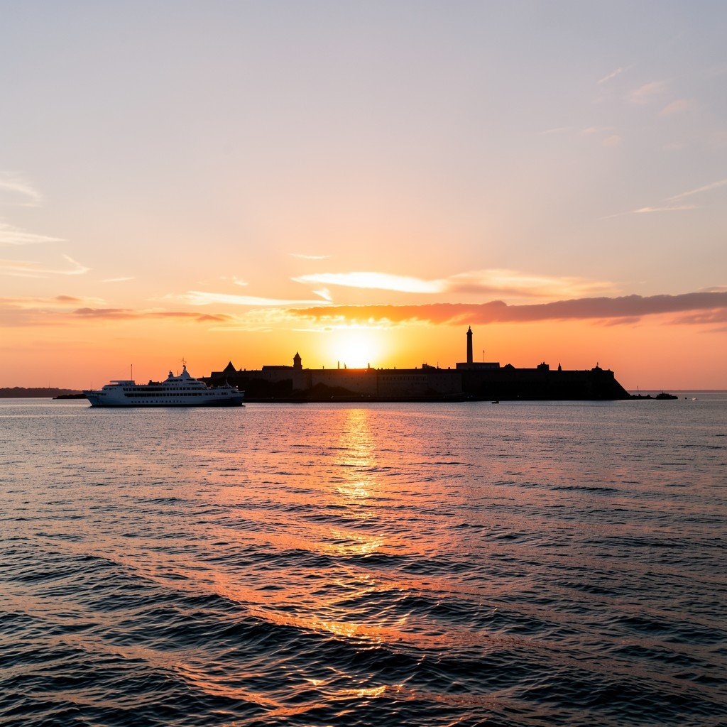 Beautiful sunset over the Baltic Sea with silhouette of Suomenlinna fortress in the distance, ferry boat view, serene atmosphere, warm colors, no text, highly detailed, aspect ratio 1:1