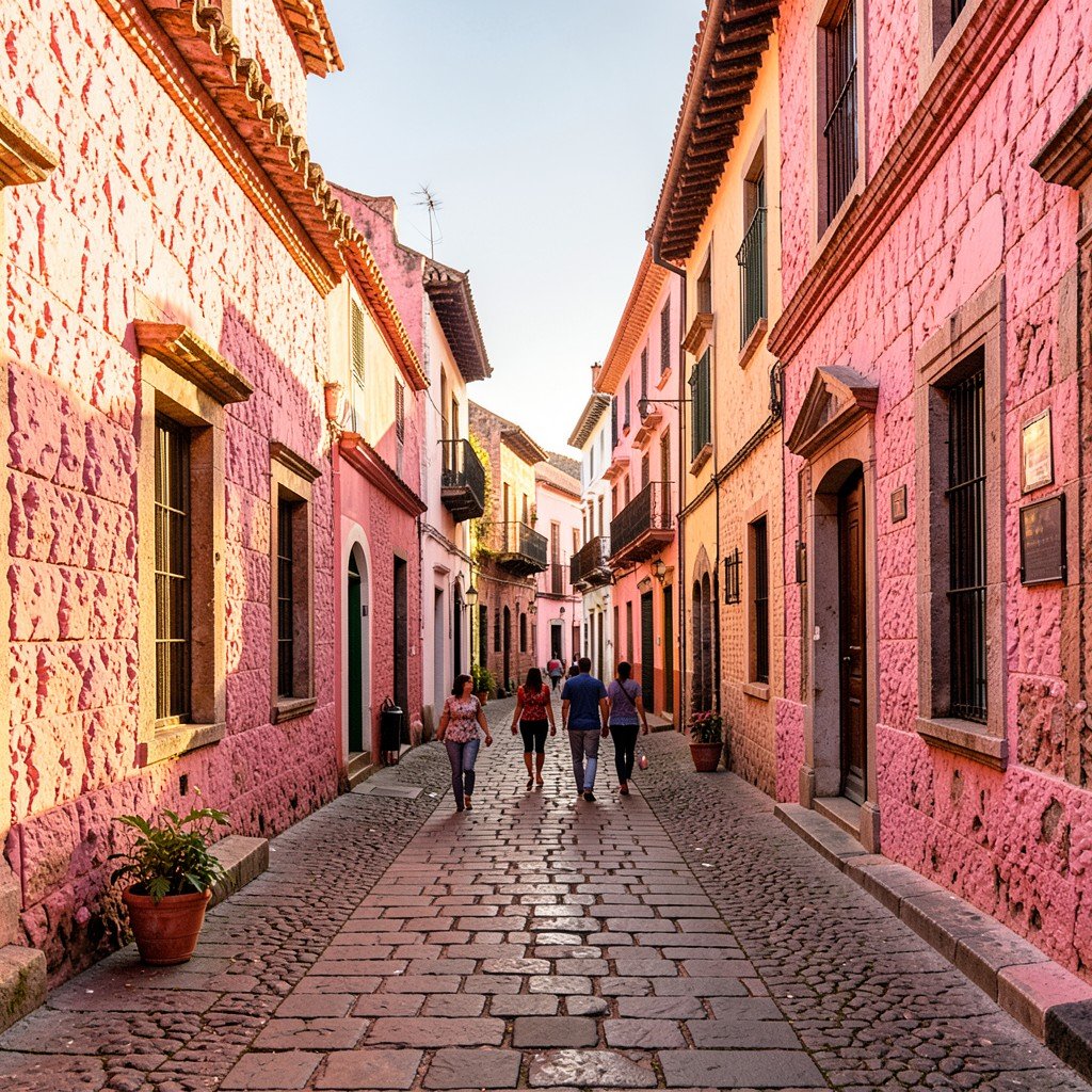 Historic Centre of Morelia Mexico street with pink stone colonial buildings walking path warm sunlight no text aspect ratio 4:3
