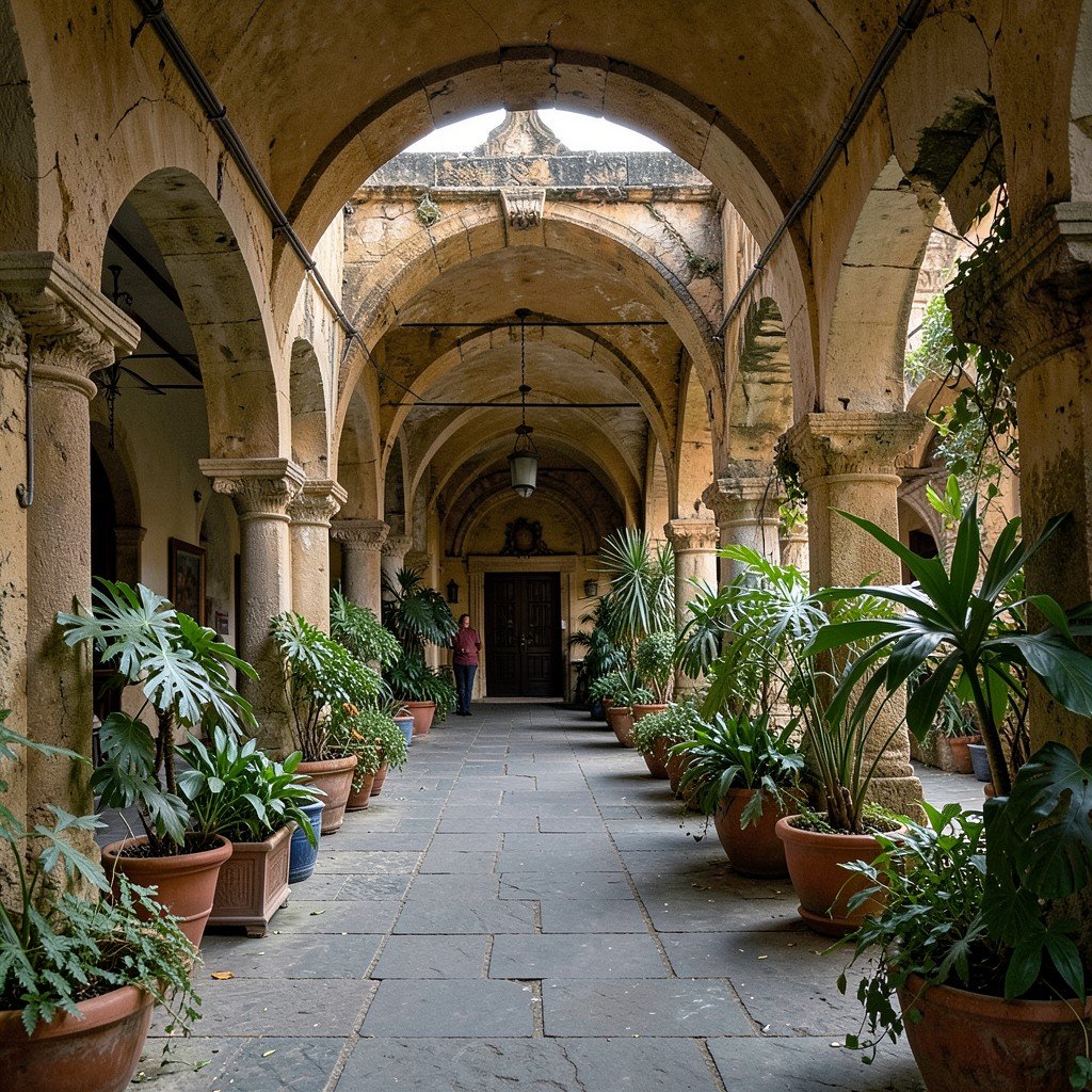 Historic Centre of Morelia Mexico monastery courtyard arched corridor peaceful atmosphere green plants stone floor no text aspect ratio 1:1