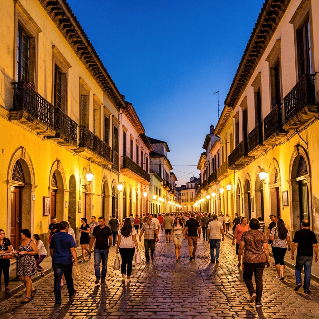 Historic Centre of Morelia Mexico evening illuminated streets people walking warm cozy lighting historic architecture no text aspect ratio 4:3