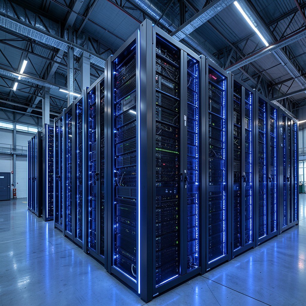 Massive futuristic data center server racks illuminated with blue LED lights in a vast modern industrial facility aspect ratio 1:1