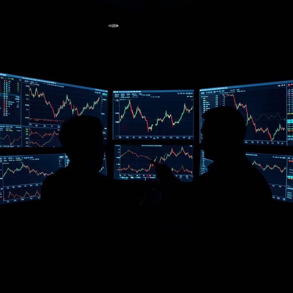 Silhouette of an investor analyzing financial charts and stock market data on multiple glowing screens in a dark trading room aspect ratio 4:3