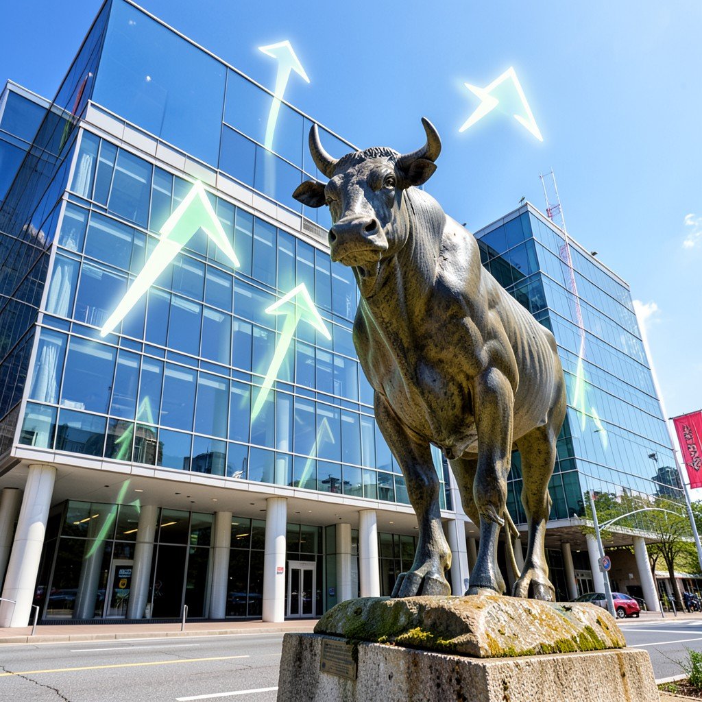 A rising bull statue in front of a modern stock exchange building with upward pointing glowing arrows on a sunny day aspect ratio 1:1