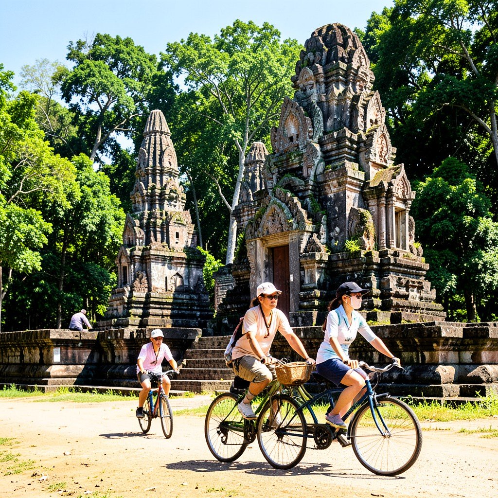 Two tourists riding bicycles past ancient temple ruins in Ayutthaya Thailand sunny day lush green trees textured background 1:1