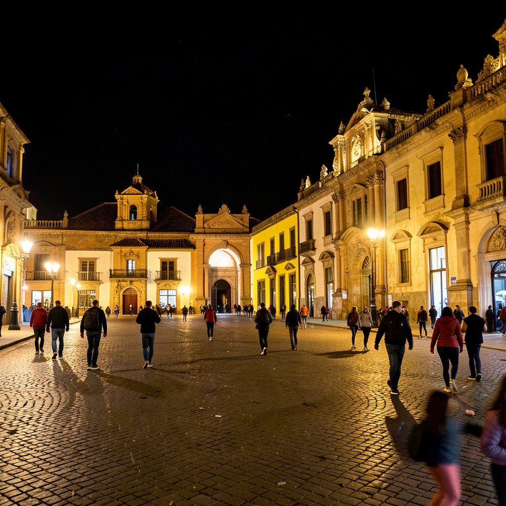 Night view of Plaza 25 de Mayo in Sucre Bolivia with historic colonial architecture illuminated warm street lights people walking no text aspect ratio 1:1
