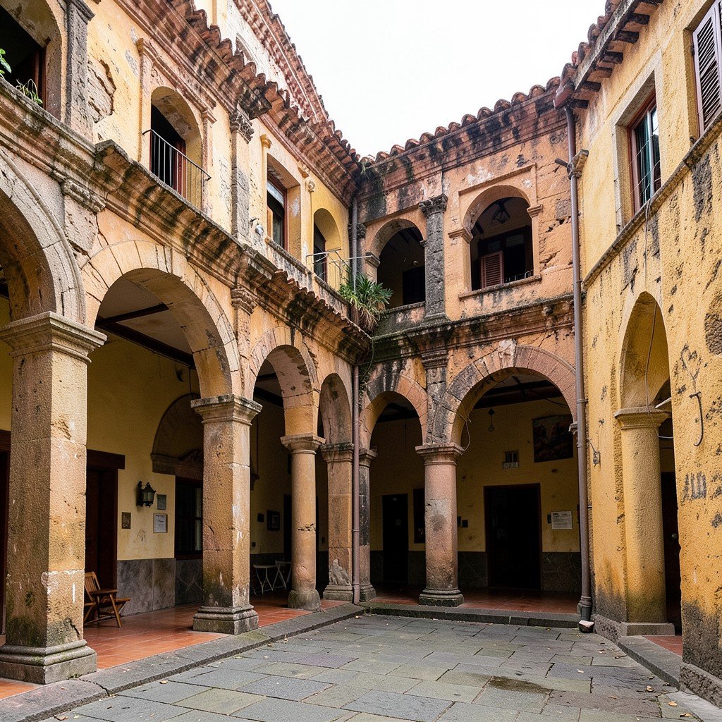Interior courtyard of Casa de la Libertad in Sucre Bolivia historical museum with colonial architecture and arches no text aspect ratio 1:1