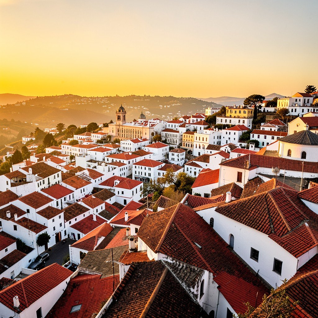Panoramic view of the white city of Sucre Bolivia from La Recoleta hill at sunset warm golden light over red roofs no text aspect ratio 4:3