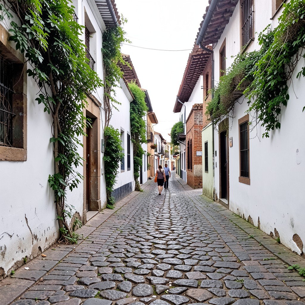 A quiet cobblestone street in the historic center of Sucre Bolivia with white walls green plants and a person walking naturally no text aspect ratio 1:1