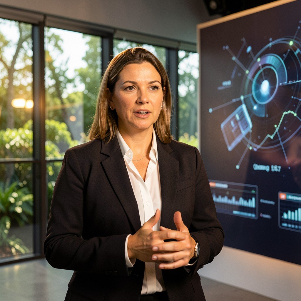 Professional businesswoman giving an interview in a modern studio with abstract financial technology visuals, warm lighting, natural setting, aspect ratio 4:3