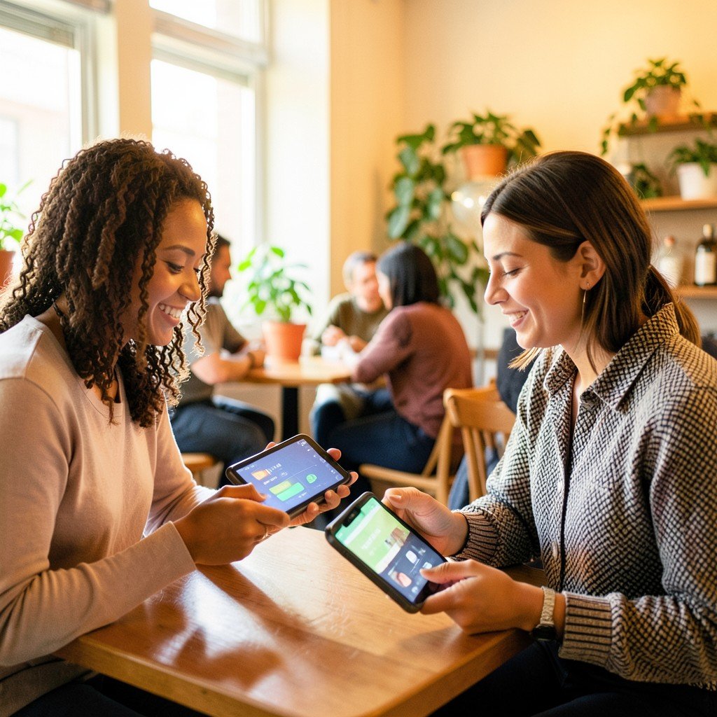 Diverse small business owners using digital payment tablets in a warm brightly lit cafe, lifestyle photography, aspect ratio 1:1