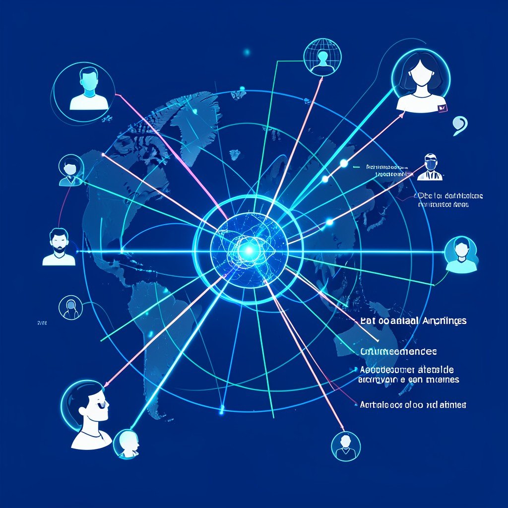 Global network connecting people to artificial intelligence with glowing data lines, clean layout, high contrast, informational style, aspect ratio 1:1