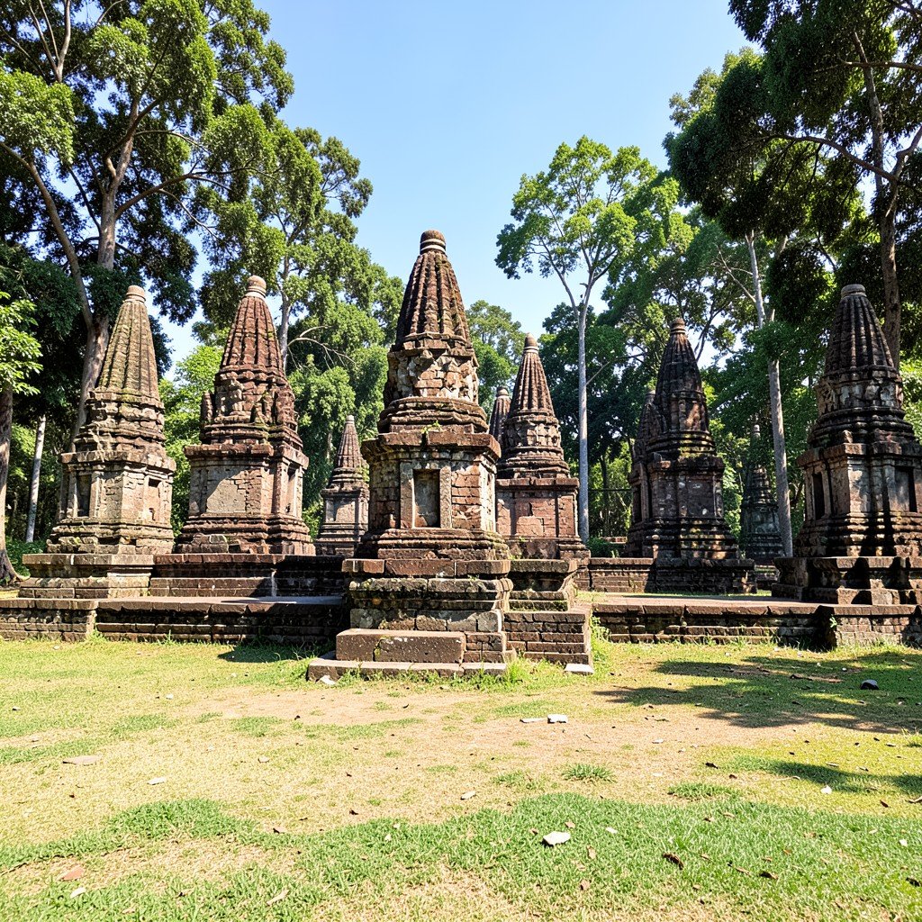 Ancient ruins of Si Satchanalai Historical Park surrounded by tall trees stone stupas on grassy ground clear daylight aspect ratio 1:1
