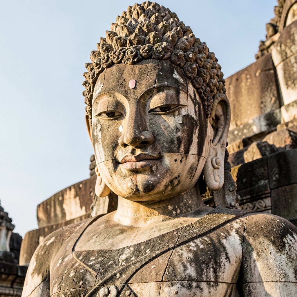 Close up of giant Buddha statue at Wat Mahathat Sukhothai serene facial expression detailed stone carving soft sunlight aspect ratio 1:1