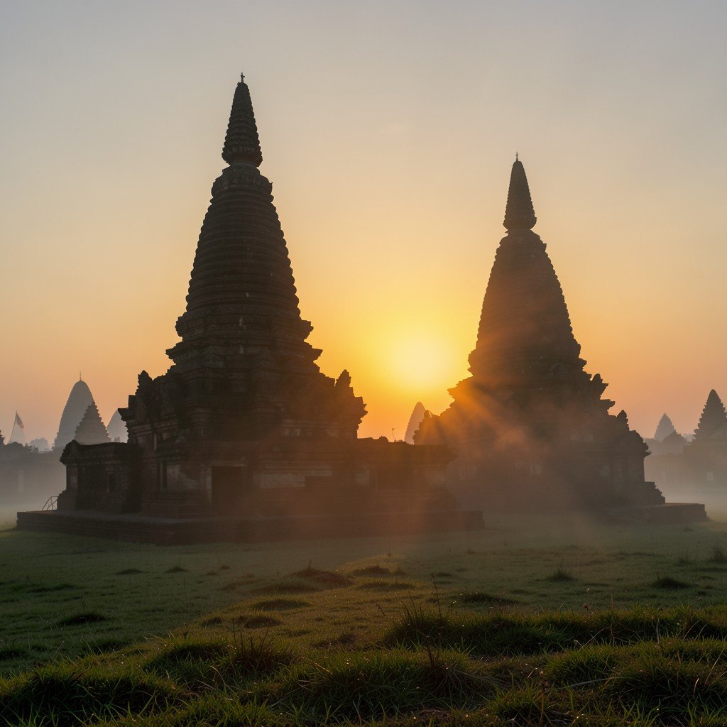 Sunrise over Sukhothai Historical Park ancient stupa silhouette warm morning light mist on grass aspect ratio 1:1