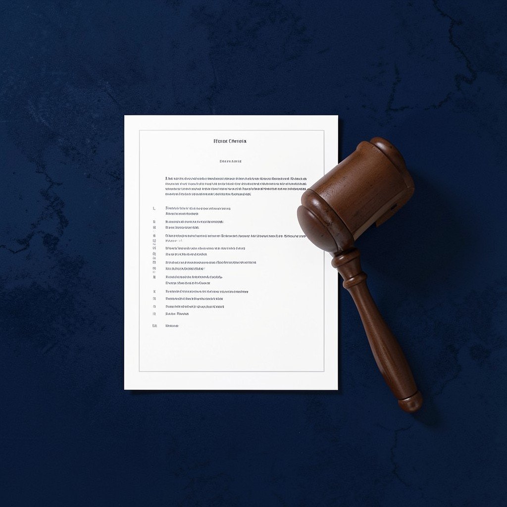 Flat lay illustration of legal documents and a wooden gavel on a textured deep navy background representing federal court rulings, top down view, soft balanced lighting, no text, no korean text, 1:1