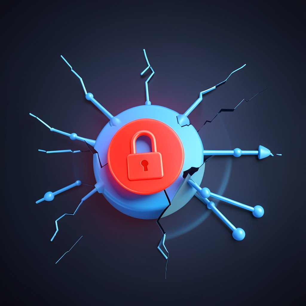 Abstract 3D illustration of a broken digital supply chain, glowing red lock icon blocking a blue network node representing security risk, dark gradient background, clean modern layout, no text, no korean text, 1:1