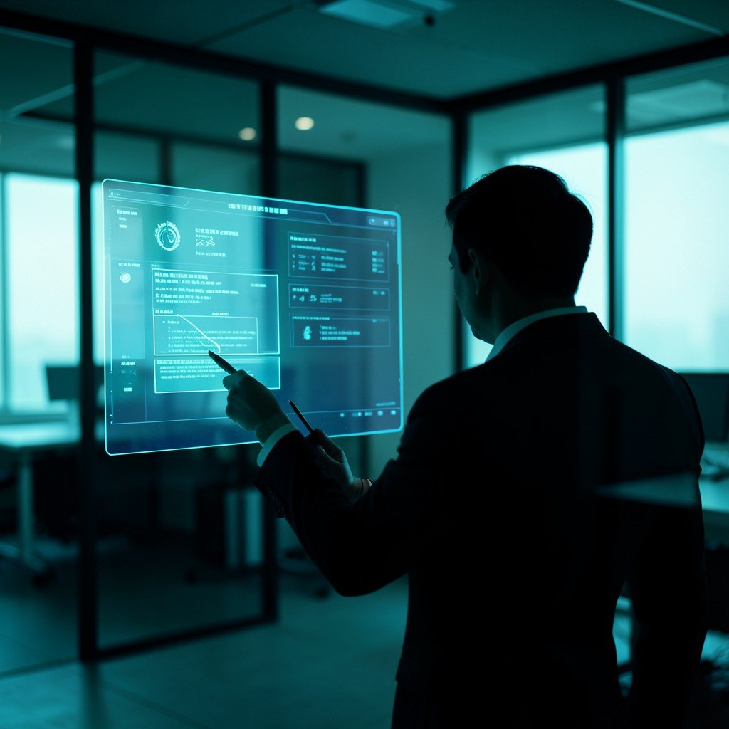 Silhouette of a person reviewing digital contracts on a holographic screen in a dimly lit modern office, soft glowing blue and teal lighting, business concept, no text, no korean text, 1:1