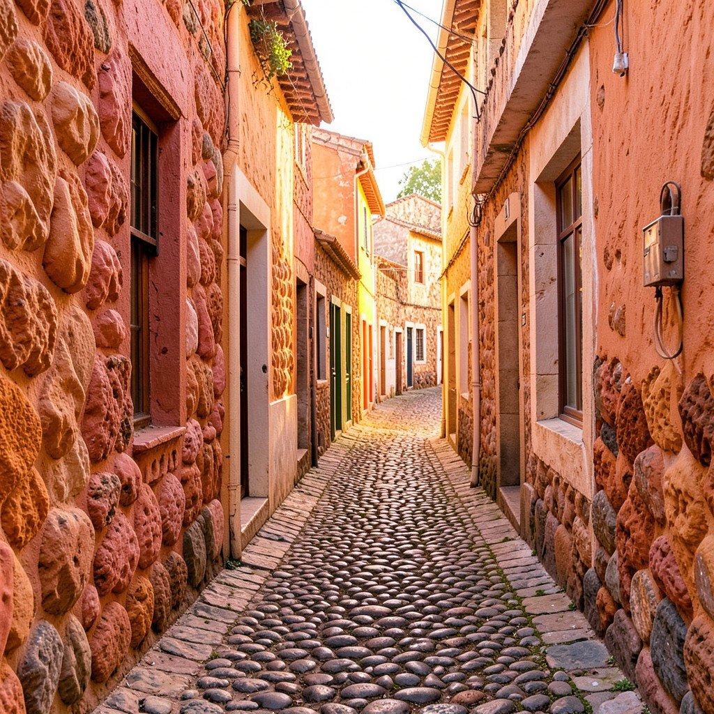 Narrow cobblestone alley in Stone Town Mozambique Island with coral stone buildings warm sunlight no people no text 1:1