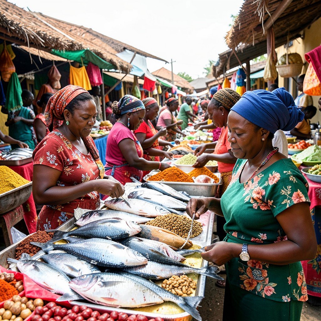 Vibrant local market on Island of Mozambique selling fresh fish and spices African women vendors daytime no text 1:1