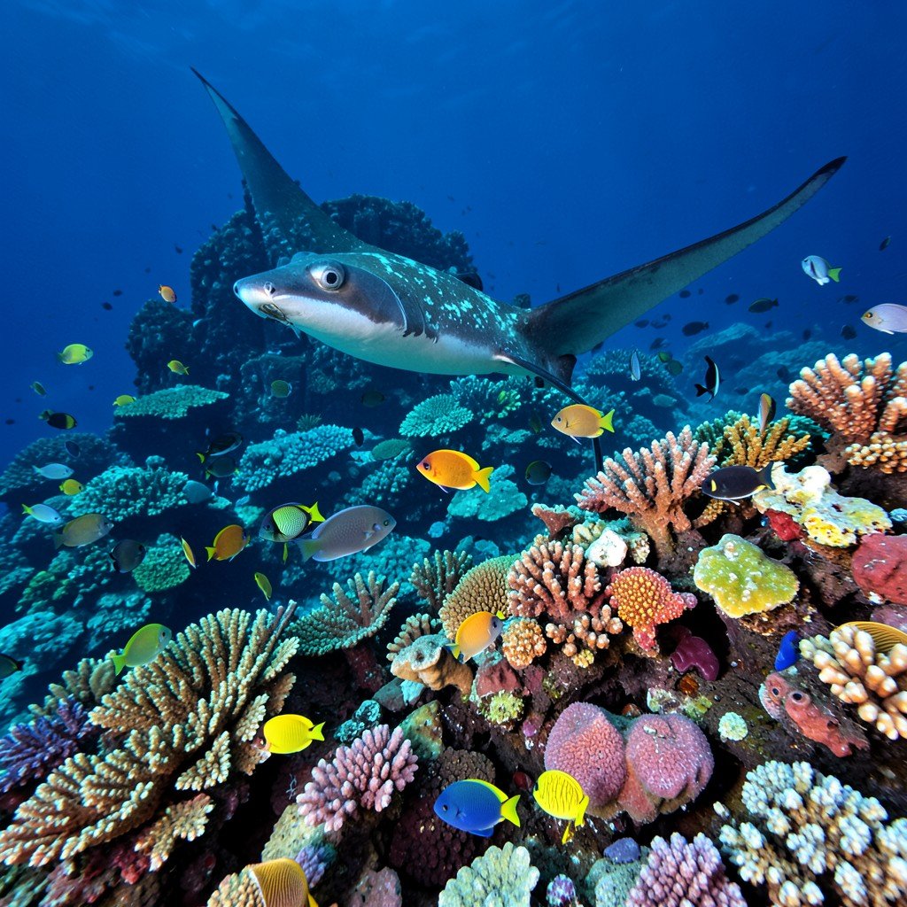 Vibrant coral reef teeming with tropical fish and a manta ray in the deep blue sea of Komodo National Park Indonesia no text 4:3