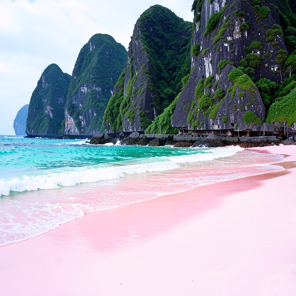 Unique pink sandy beach with turquoise waves and dramatic green cliffs in the background Komodo National Park Indonesia no text 1:1