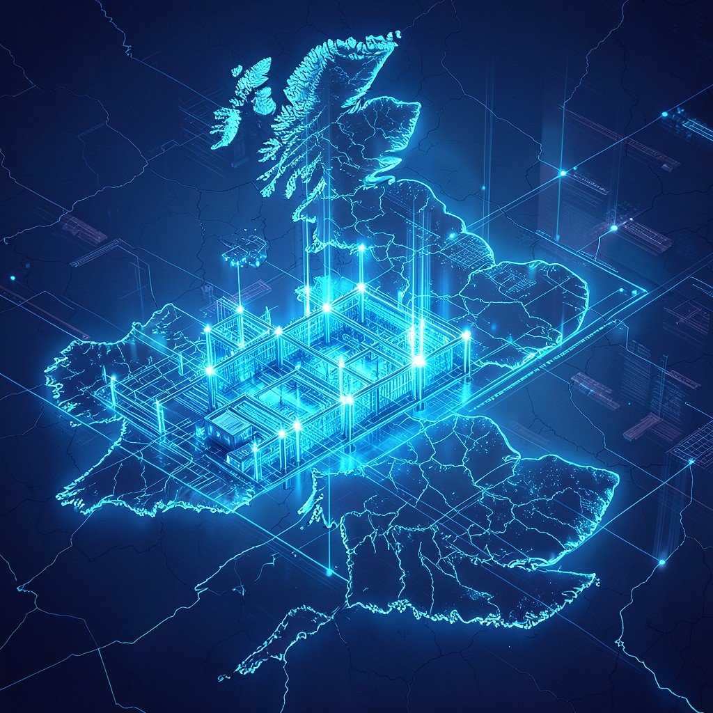 Futuristic blueprint of a massive AI infrastructure facility overlaid on a map of the UK, glowing blue lines, tech environment, no people, no text, 4:3