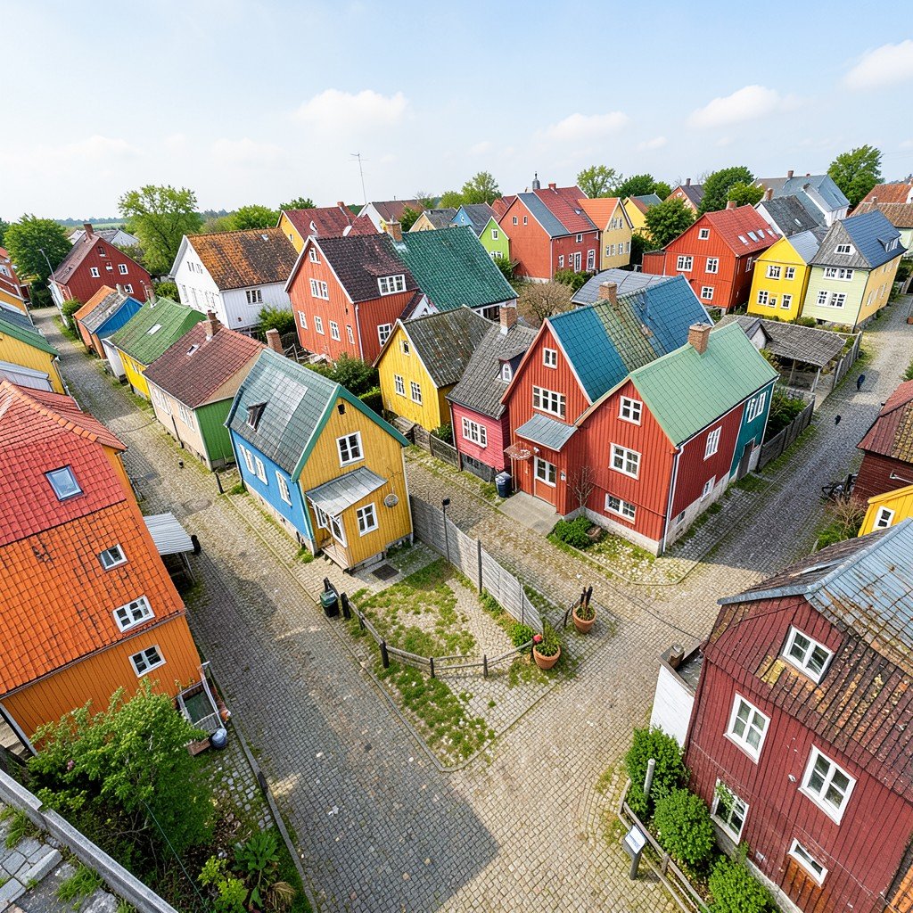 Aerial view of Old Rauma Finland showing colorful wooden houses cobblestone streets and red ochre buildings no text aspect ratio 1:1