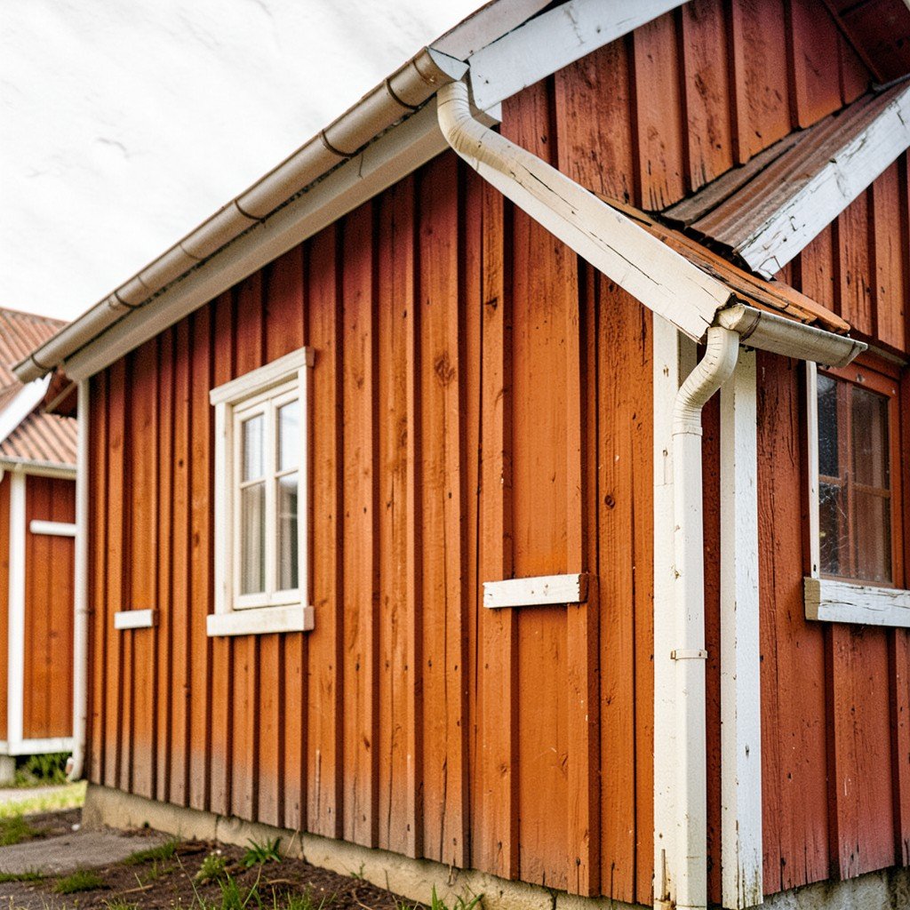 Close up of a traditional red ochre wooden house in Old Rauma Finland with white trim details textured background no text aspect ratio 4:3