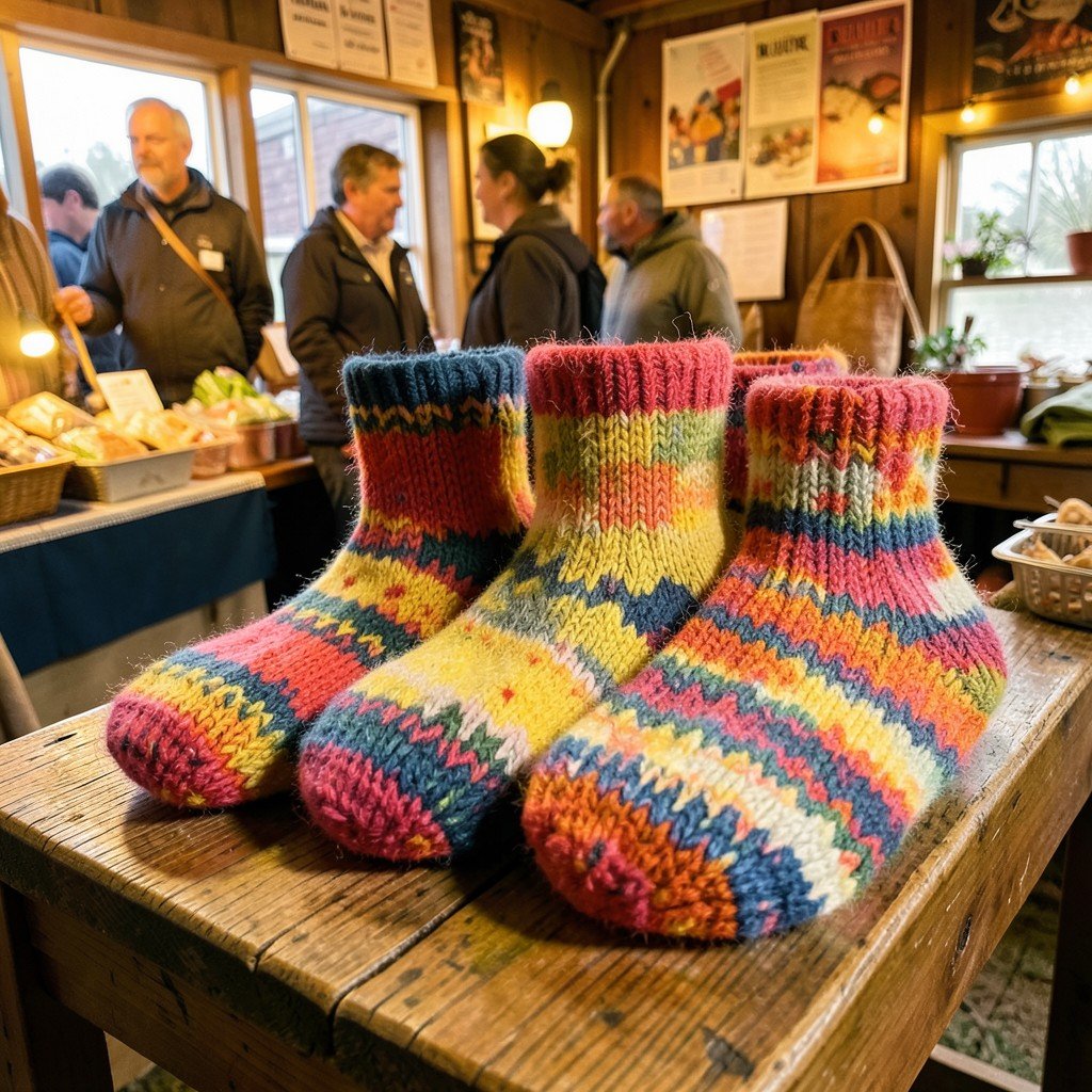 Handmade colorful woolen Rauma socks displayed on a wooden table at a local market stall in Finland warm lighting no text aspect ratio 1:1