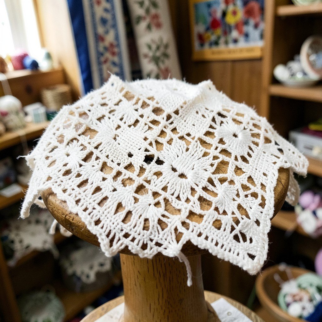 Delicate handmade traditional bobbin lacework patterns on a wooden spool in a craft shop Old Rauma Finland close up no text aspect ratio 4:3