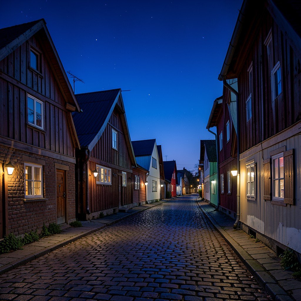 Summer midnight twilight sky over cobblestone streets and wooden houses in Old Rauma Finland bright evening lighting no text aspect ratio 1:1