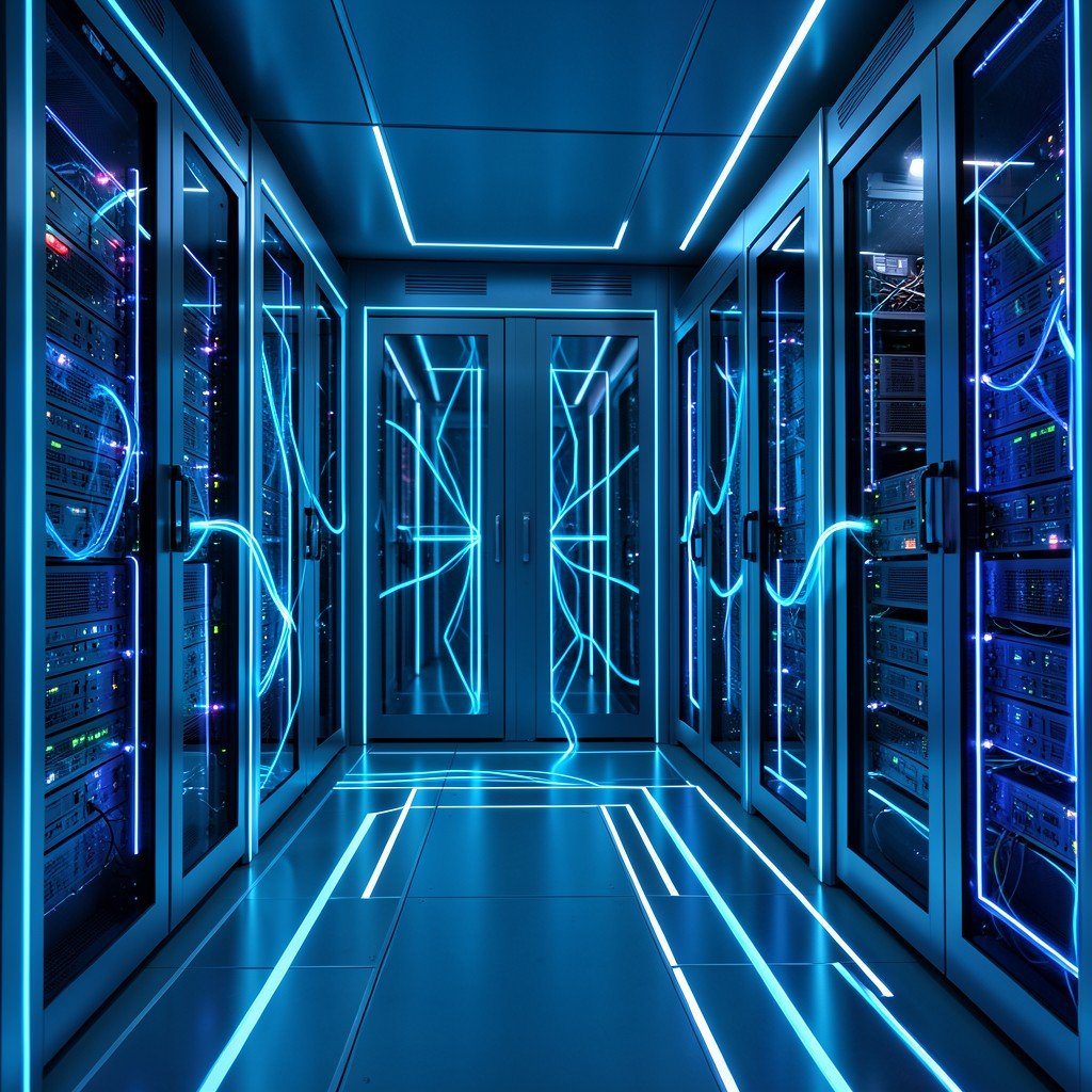 A futuristic AI data center server room with glowing power architectures and blue ambient lighting. Aspect ratio: 1:1