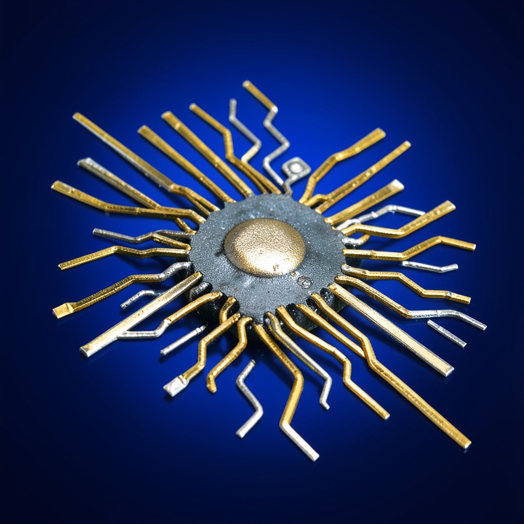 A close-up of a microchip with intricate gold and silver connections on a deep blue gradient background. Aspect ratio: 1:1
